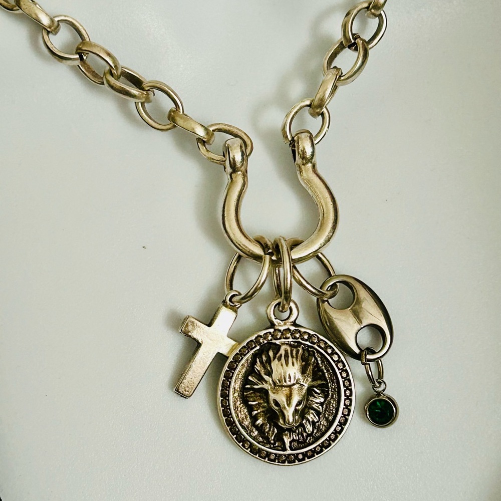 Silver Charm Necklace with Lion and Cross Pendants - Picture 7 of 10